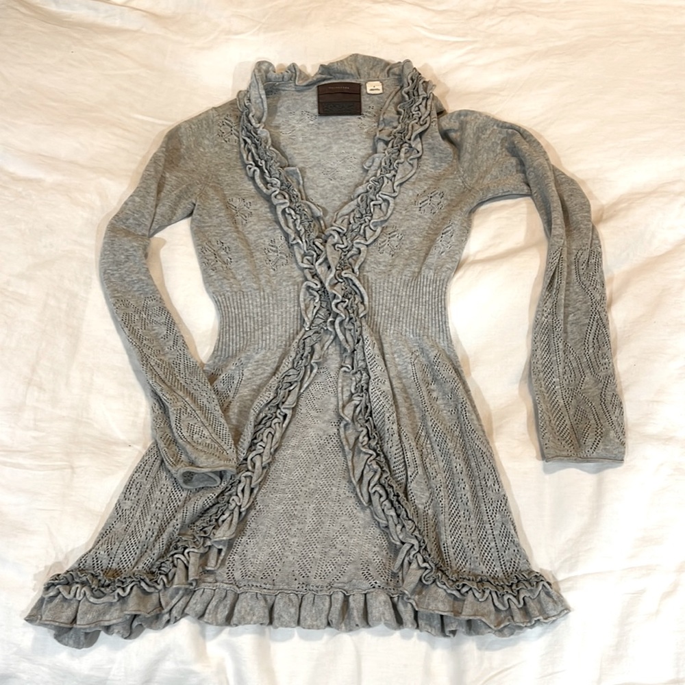 Anthropologie Guinevere ruffle cream victorian knit cardigan cotton sweater top